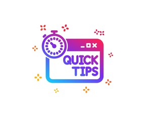Quick tips icon. Helpful tricks sign. Tutorials with timer symbol. Dynamic shapes. Gradient design quick tips icon. Classic style. Vector
