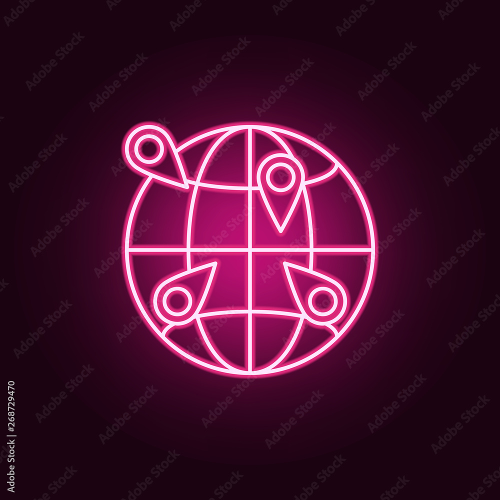 Poster pins on the globe neon icon. elements of navigation set. simple icon for websites, web design, mobil