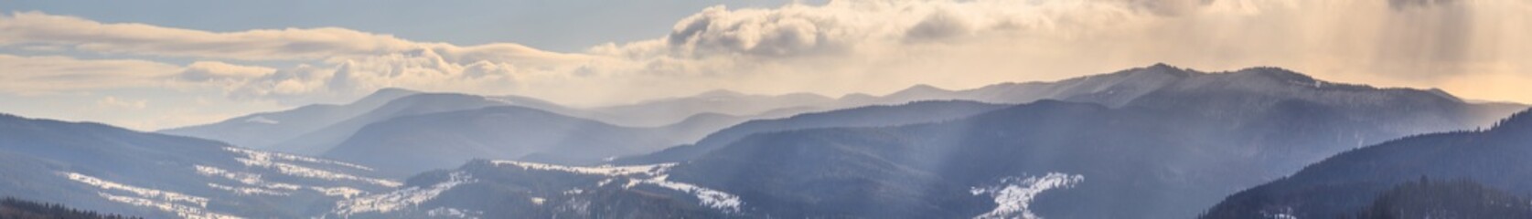 Winter landscape, panorama, banner - top view of the snowy mountain valley in the Carpathians, in...