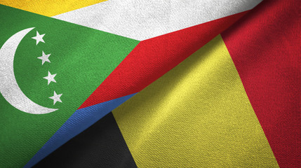 Fototapeta premium Comoros and Belgium two flags textile cloth, fabric texture 