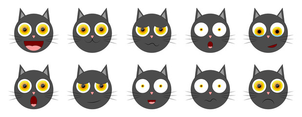 Set smiley cat emotion icons. Cute kitten character, graphic design template, collection app symbols, vector illustration