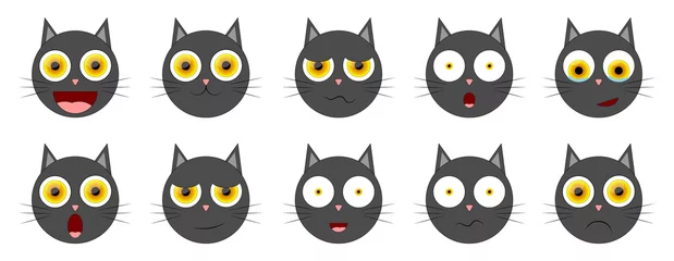Fotobehang Set smiley cat emotion icons. Cute kitten character, graphic design template, collection app symbols, vector illustration © Denis Sined