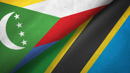 Fototapeta premium Comoros and Tanzania two flags textile cloth, fabric texture