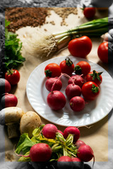 Healthy food background. Assortment of fresh vegetables on paper background