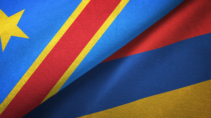 Congo Democratic Republic and Armenia two flags textile cloth, fabric texture 