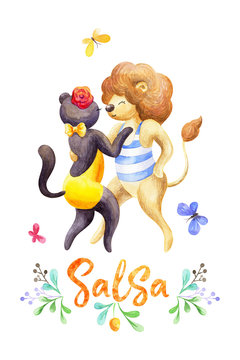 Funny lion and panther  dancing salsa. Hand painted watercolor illustration isolated on a white background.