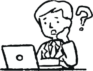 Monochrome Analog style Pop illustration of working man and laptop PC 