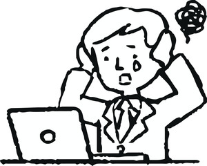 Monochrome Analog style Pop illustration of working man and laptop PC 