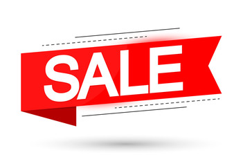 Sale banner design template, discount tag, red ribbon, vector illustration