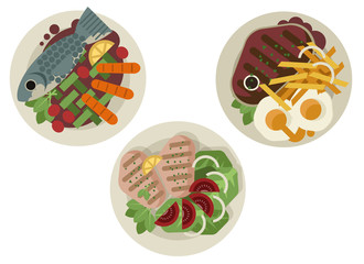 fish, beef and grilled chicken plates with salad vegetables and eggs and french fries restaurant gourmet food