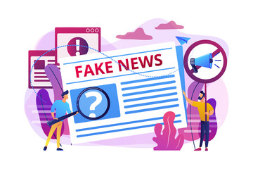 False information broadcasting. Press, newspaper journalists, editors. Fake news, junk news content, disinformation in media concept. Bright vibrant violet vector isolated illustration
