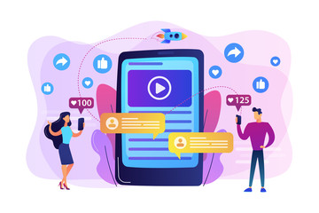 Fototapeta premium Digital marketing, online advertising, SMM. App notification, chatting, texting. Viral content, internet meme creation, mass shared content concept. Bright vibrant violet vector isolated illustration