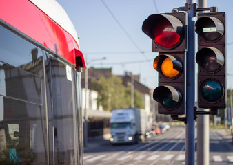 Semaphore with red and yellow light on. Switching to green light.