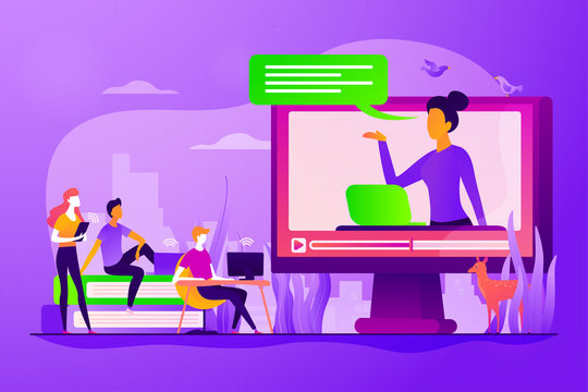 Futuristic School Learning Environment. On-demand Webinar, Lecturing. Online Teaching, Share Your Knowledge, English Teacher Online Concept. Vector Isolated Concept Creative Illustration