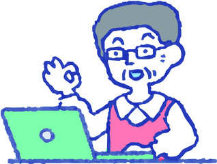 Analog-style Pop illustration of an elderly man using a PC 