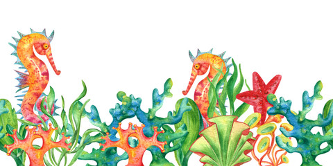 Watercolor seamless retro border with undersea plants, seaweed, starfish and seahorse. Vintage underwater background in green, gold and living coral colors