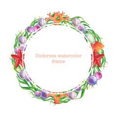 Fototapeta na wymiar Watercolor round frame with undersea plants, seaweeds, pearls, starfish and corals. Retro underwater wreath in green, purple and living coral colors