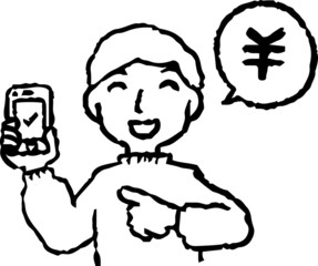 Monochrome Analog-style illustration of man using smartphone payment 