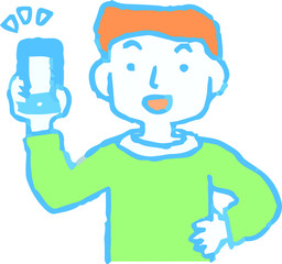Analog-style pop illustration of man using smartphone payment
