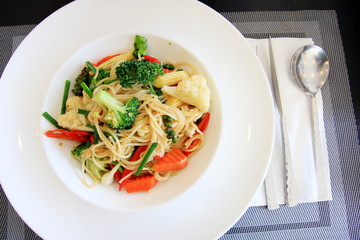 Close up italian spaghetti in white plate.