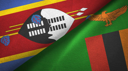 Eswatini Swaziland and Zambia two flags textile cloth, fabric texture