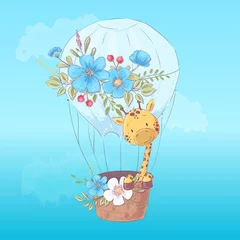 Fotobehang Dieren in luchtballon Illustratie ansichtkaart of fetisj voor een kinderkamer - schattige giraf in een ballon, vectorillustratie in cartoon-stijl