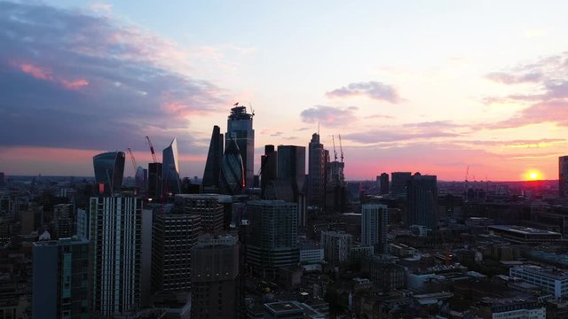 Drone shot of downtown London during golden hour