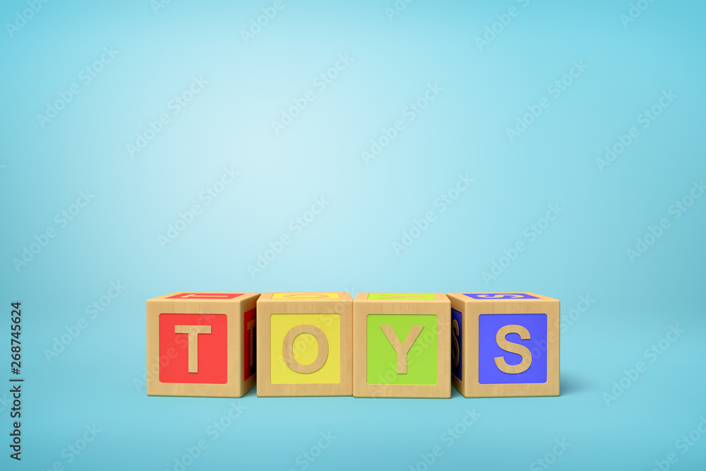 Poster 3d rendering of alphabet toy blocks on blue background.