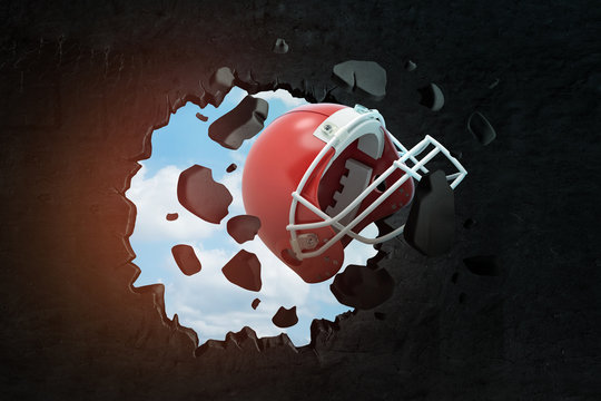 3d rendering of a red american football helmet breaking black wall