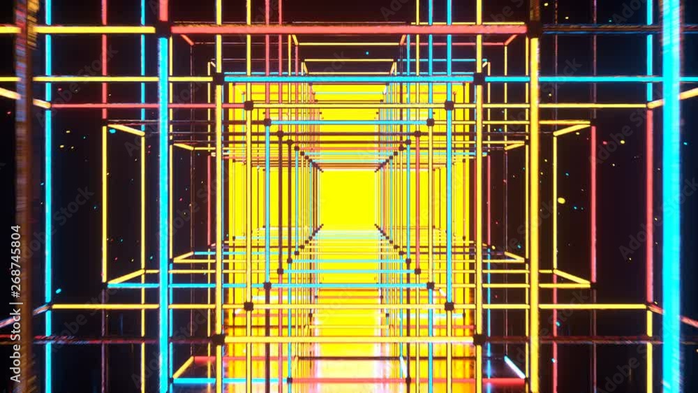 Poster flight through corridor with shining neon disco style cubes. discotheque party design. seamless loop
