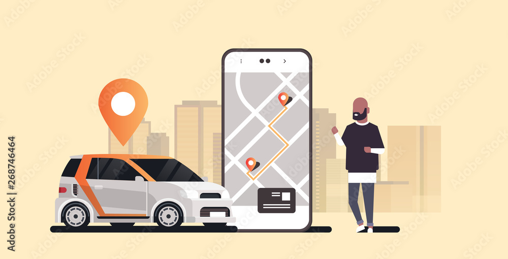 Poster african man using mobile app ordering automobile vehicle with location mark rent car sharing concept