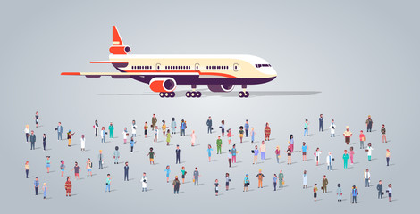 people group on airport terminal with aircraft flying plane different occupation employees mix race workers crowd passengers transportation concept horizontal full length flat © mast3r