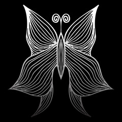 Abstract vector illustration of hand drawn butterfly isolated on black background. Ink drawing, graphic style.