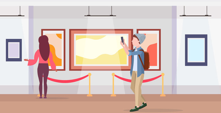 man art gallery visitor taking selfie photo on smartphone camera casual male cartoon character in hat with backpack posing modern museum interior flat full length horizontal