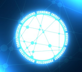 Technology, industry and business icon design template, round shape. Molecule and communication pattern. Connected lines with dots. 3D rendering. Neon bulb illumination