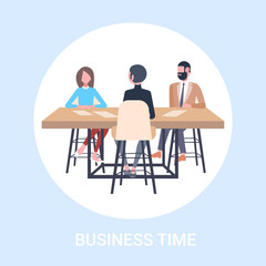 businesspeople discussing new project during meeting sitting at table brainstorming colleagues planning business startup teamwork concept flat full length vector illustration