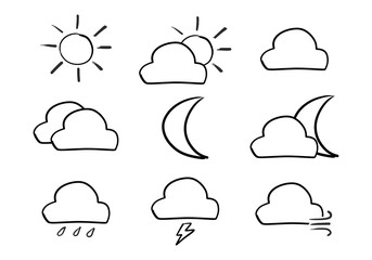 Black color handdrawing in shape of weather icon set on white background