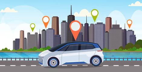 automobile with location pin on road online ordering taxi car sharing concept mobile transportation carsharing service modern city street cityscape background flat horizontal