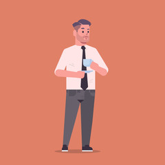 businessman in formal wear drinking coffee standing pose smiling male cartoon character business man office worker having break flat full length