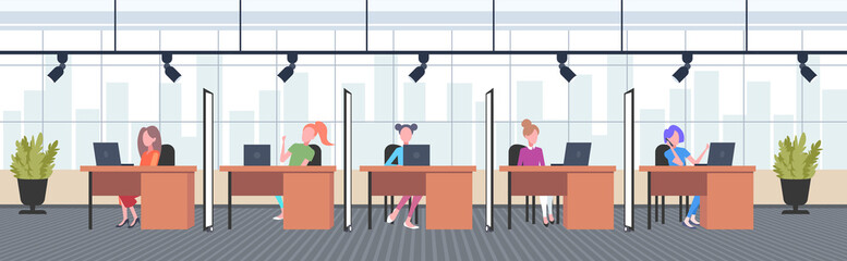coworkers in creative office women operators sitting at workplace desks call center concept co-working open space interior flat horizontal full length