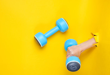 Female hand is holding blue plastic dumbbell through torn yellow paper. Minimalistic sport concept