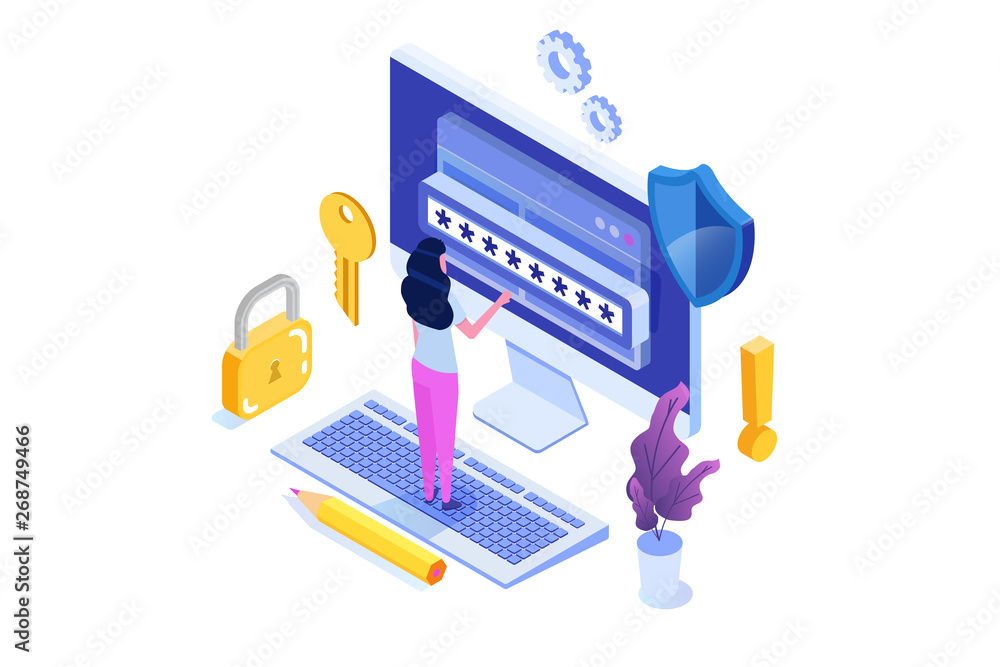 Poster data access, password isometric concept. login form on screen. vector illustration.