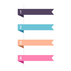Flat vector four horizontal ribbons arrows and pointers banners with numbers from one to four.  Vector ribbon set for page decor isolated on white. 