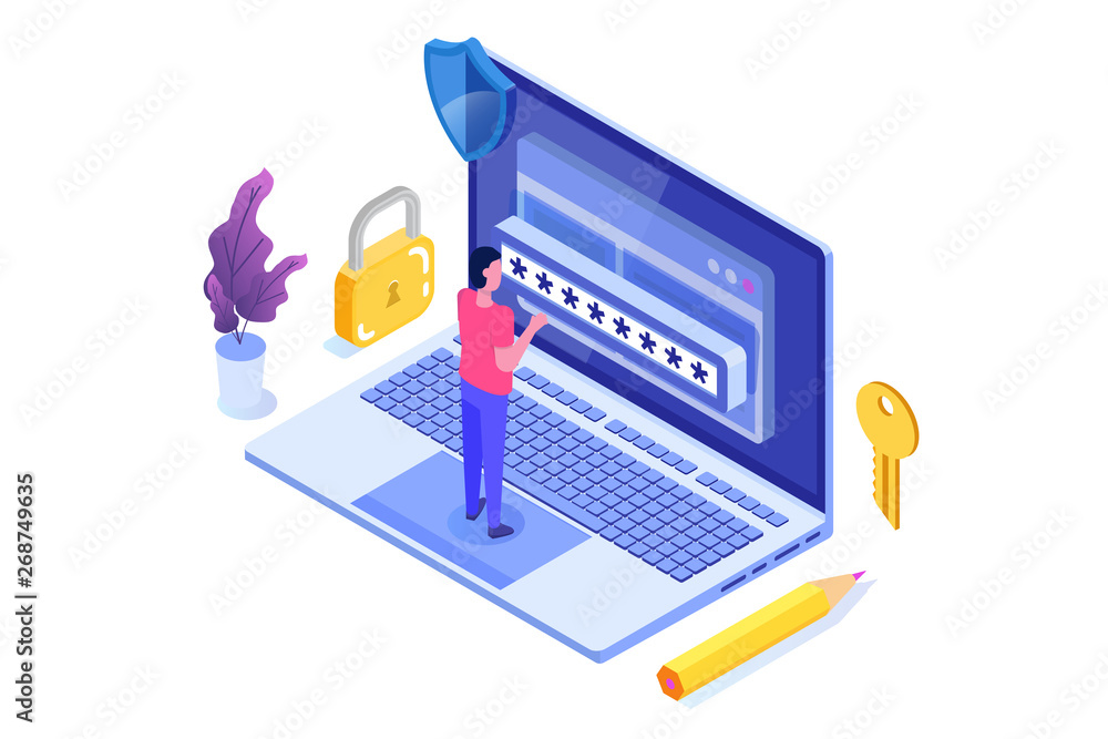 Poster data access, password isometric concept. login form on screen. vector illustration.
