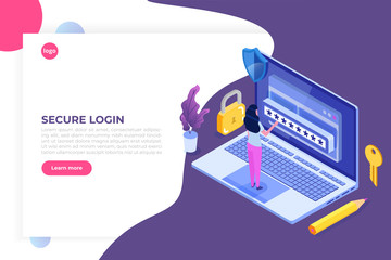 Data Access, Password isometric concept. Login form on screen. Vector illustration.