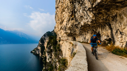 Mountain biking on Lake Garda, Sentiero della Ponale, Riva del Garda, Italy