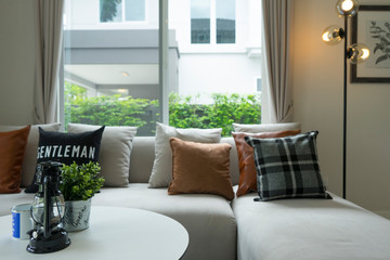 Gray and brown pillows over sofa and window. Living room decoration.