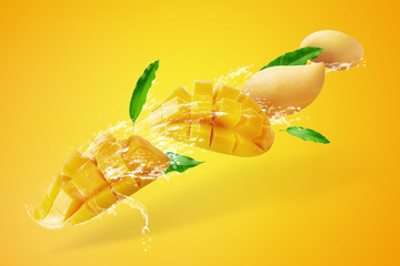 Water splashing on Fresh Sliced Mango fruit with mango cubes Isolated on yellow background