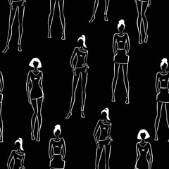 Black and White seamless background. Different silhouettes of fashion models. Doodle. Vector illustration