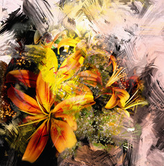 Fototapeta na wymiar Floral abstract composition with stylized bouquet of yellow lilies on grunge striped and stained background